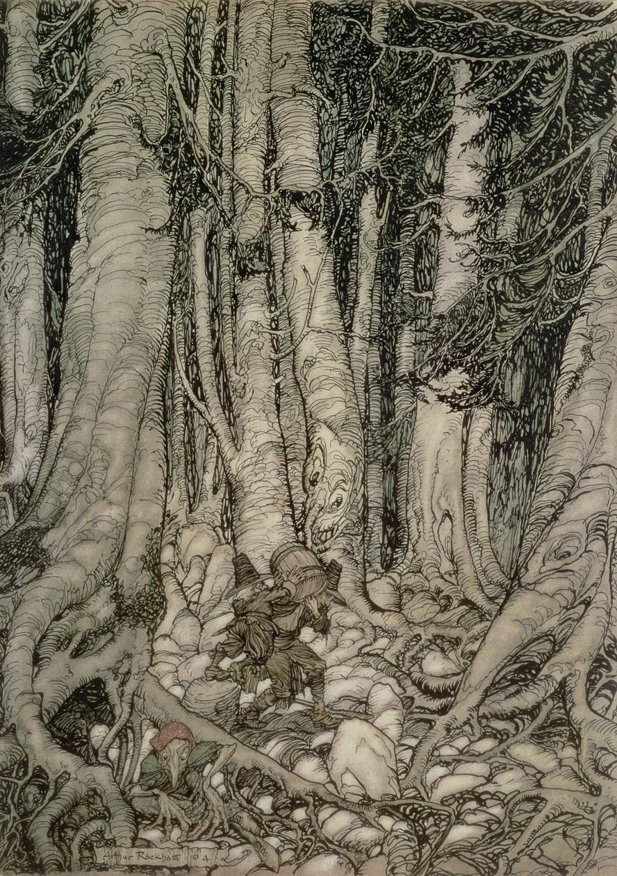 In het Bos met een Vat uit Rip Van Winkle geschreven door Washington Irving (1783-1859), 1905 door Arthur Rackham