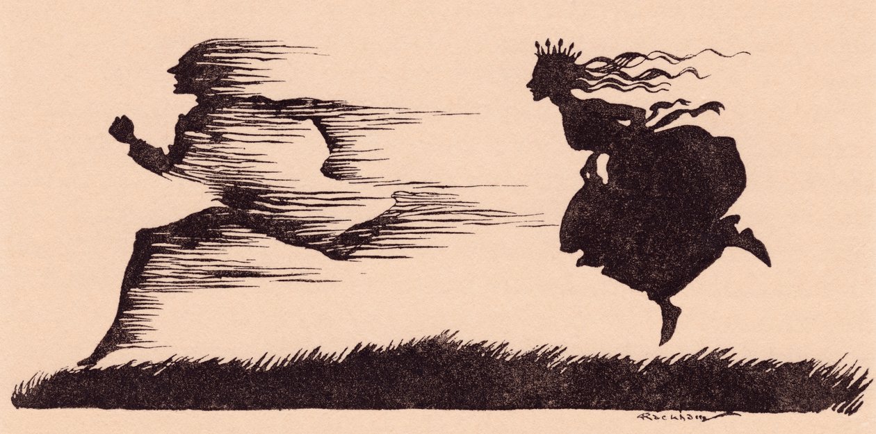 Het was net alsof de wind voorbij floot. Illustratie door Arthur Rackham uit Grimm
