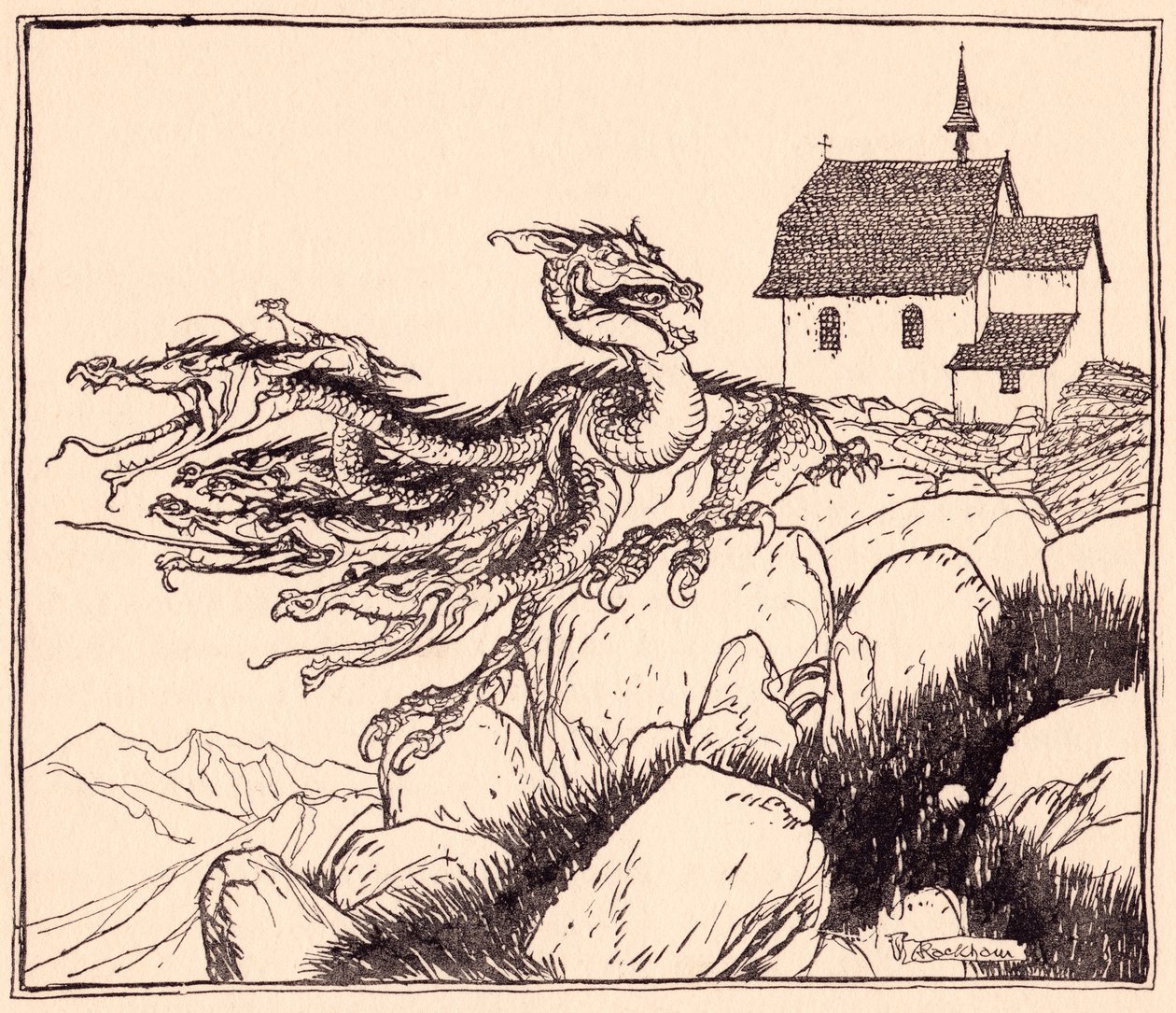 Het duurde niet lang voordat de zevenkoppige draak kwam, luid brullend. Illustratie door Arthur Rackham uit Grimm