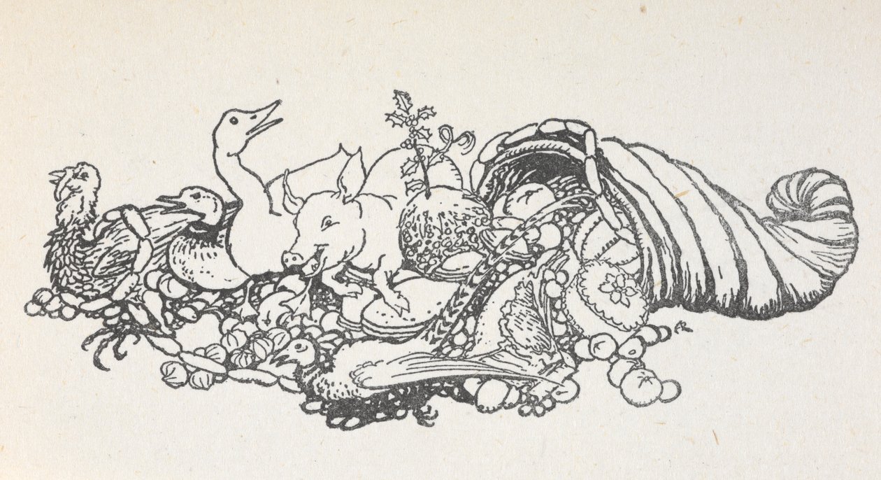 Items van een kerstfeest die uit een hoornvorm vallen. Items omvatten een kerstpudding, worsten, een kalkoen, een varken, een eend, een fazant, een taart en fruit. door Arthur Rackham