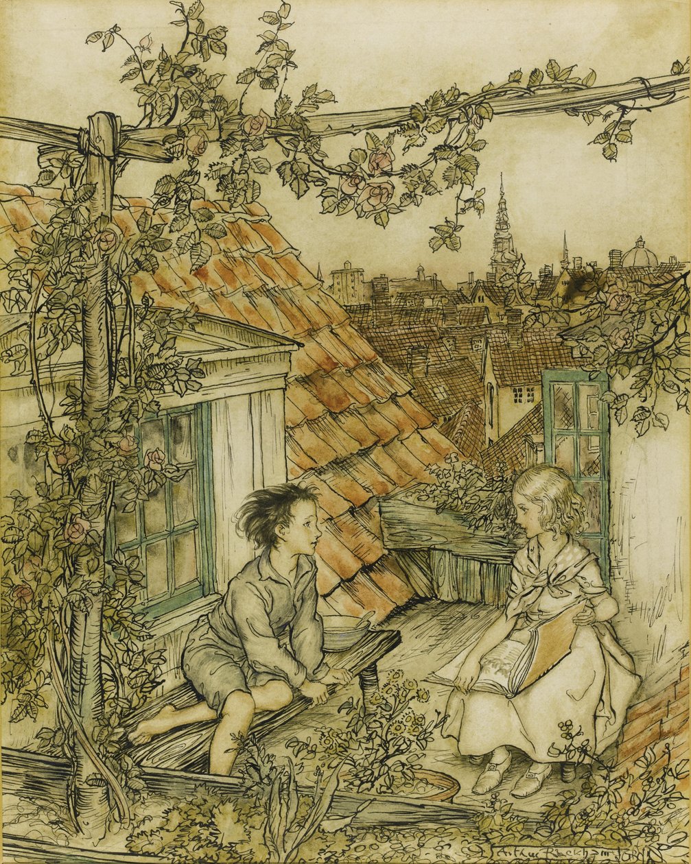 Kay en Gerda in hun tuin hoog op het dak. Illustratie voor het verhaal van De Sneeuwkoningin, 18 door Arthur Rackham