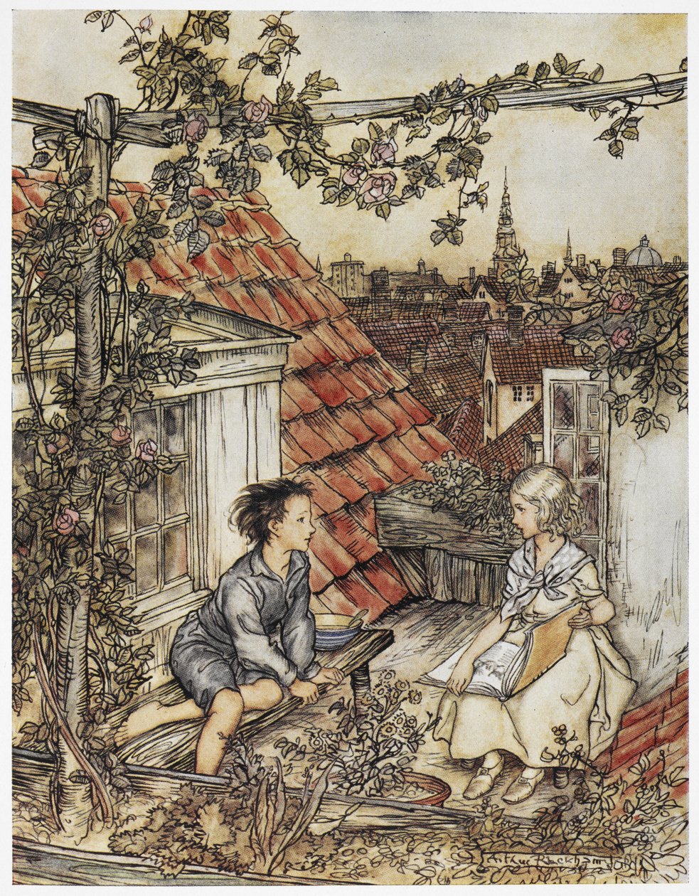 "Kay en Gerda in hun tuin hoog op het dak". Twee kinderen zittend op het dak van een huis. Illustratie voor 
