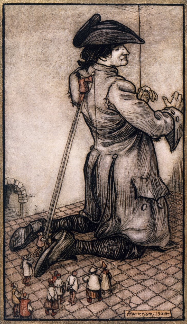 Lilliputische kleermakers meten Gulliver voor een nieuw pak, illustratie door Arthur Rackham uit Gulliver
