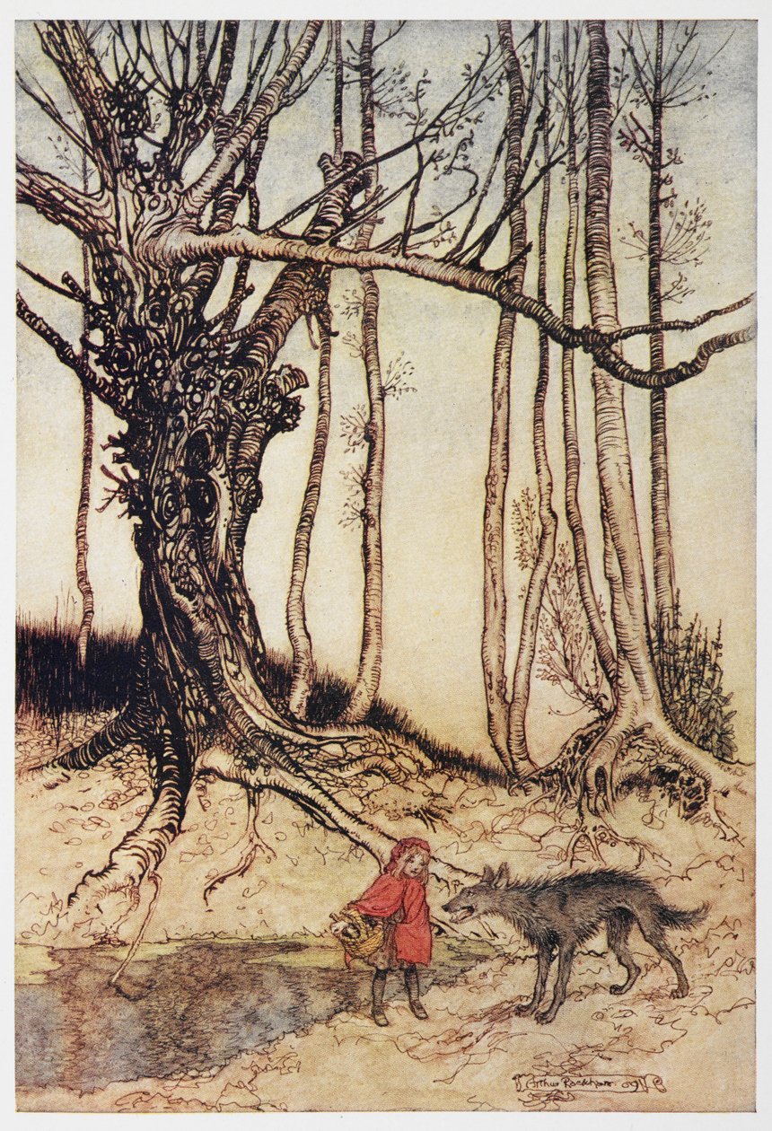 Roodkapje en de wolf in het bos door Arthur Rackham