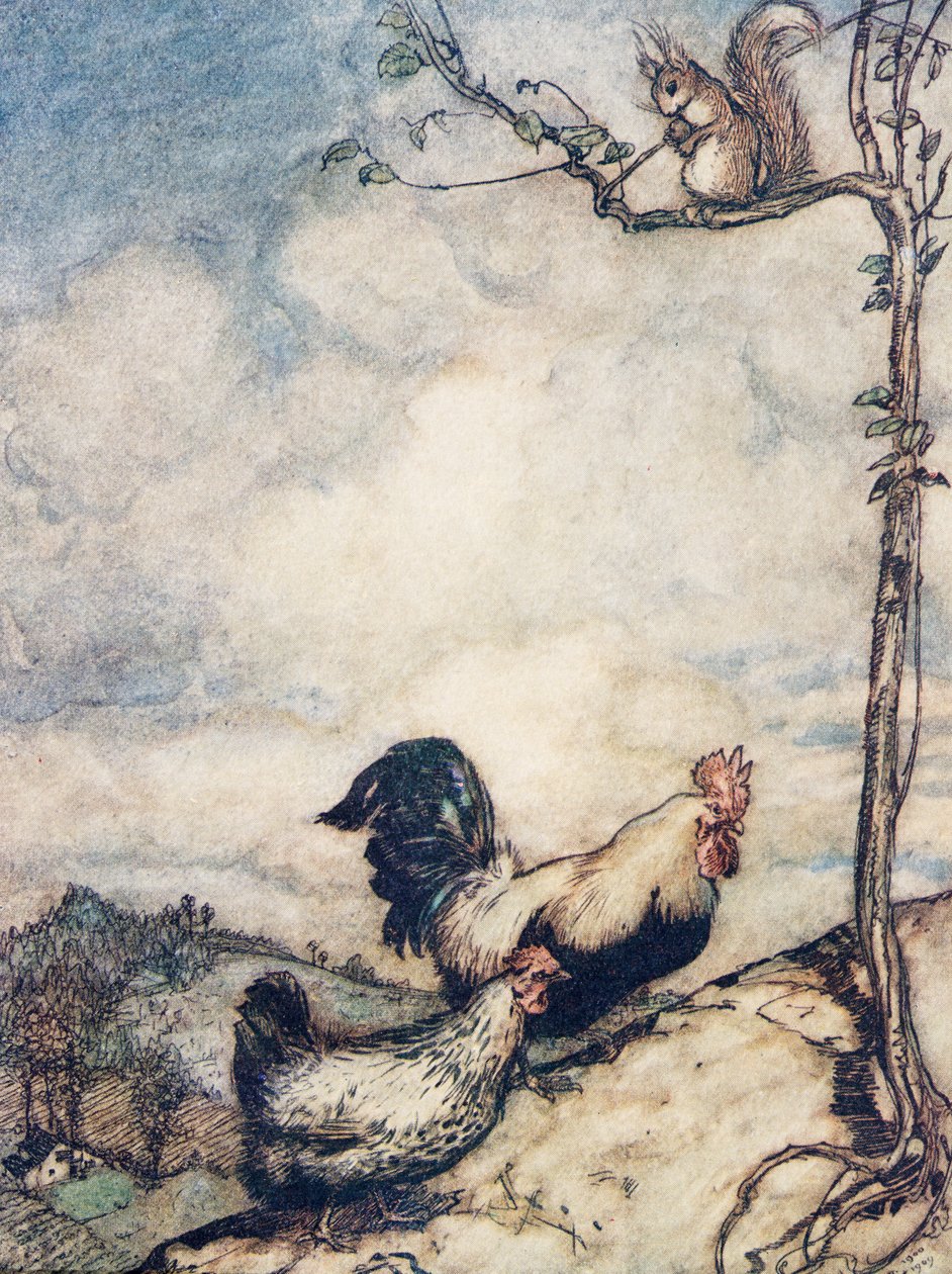 Nu gaan we de heuvel op en hebben een goed feest voordat de eekhoorn alle noten meeneemt, uit De Sprookjes van de Gebroeders Grimm, pub. 1909 door Arthur Rackham