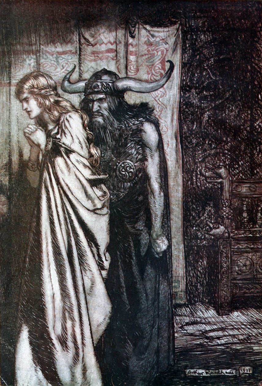O vrouw verraden, ik zal je vertrouwen wreken! Illustratie voor Siegfried en De Schemering van de Goden door Arthur Rackham