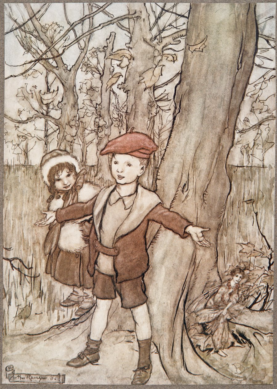 Op een dag werden ze afgeluisterd door een fee .., uit Peter Pan in Kensington Gardens door J M Barrie (1860 - 1937), pub. 1906 door Arthur Rackham
