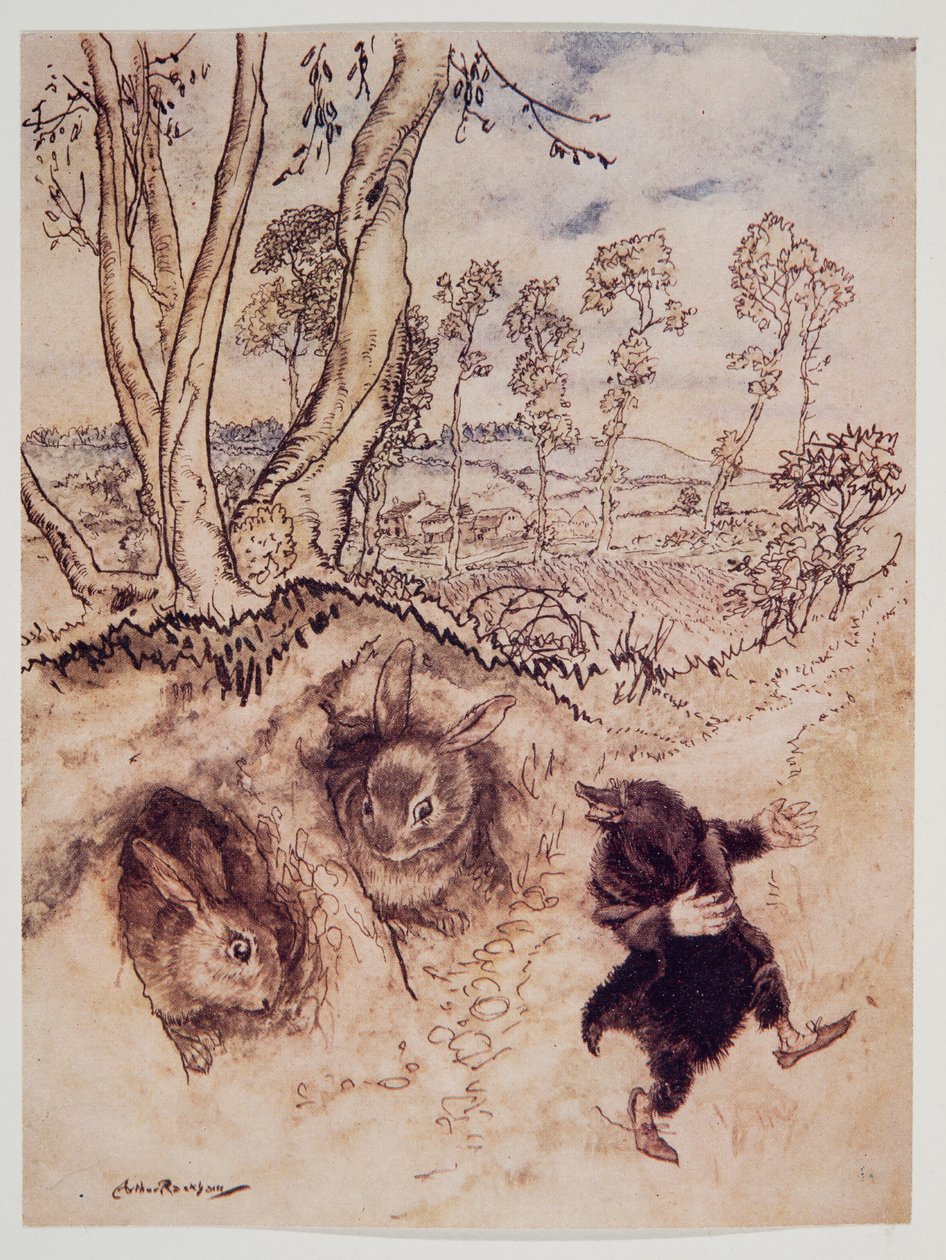 Uien-saus! Uien-saus! merkte hij spottend op, en was verdwenen voordat ze een antwoord konden bedenken, uit Wind in the Willows van Kenneth Grahame, pub. 1940 door Arthur Rackham