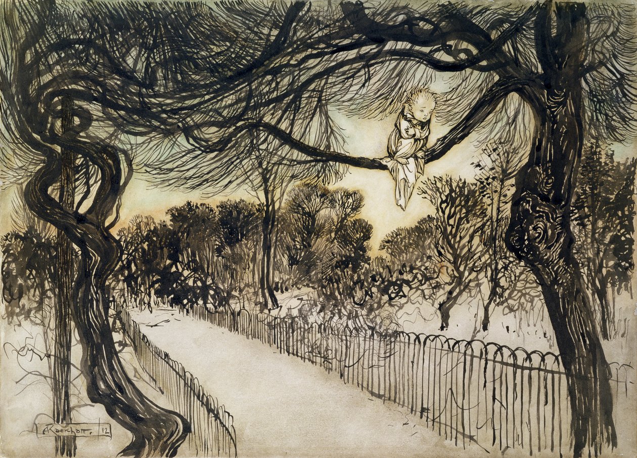 Peter Pan op een tak, scène uit Peter Pan in Kensington Gardens door J.M. Barrie door Arthur Rackham