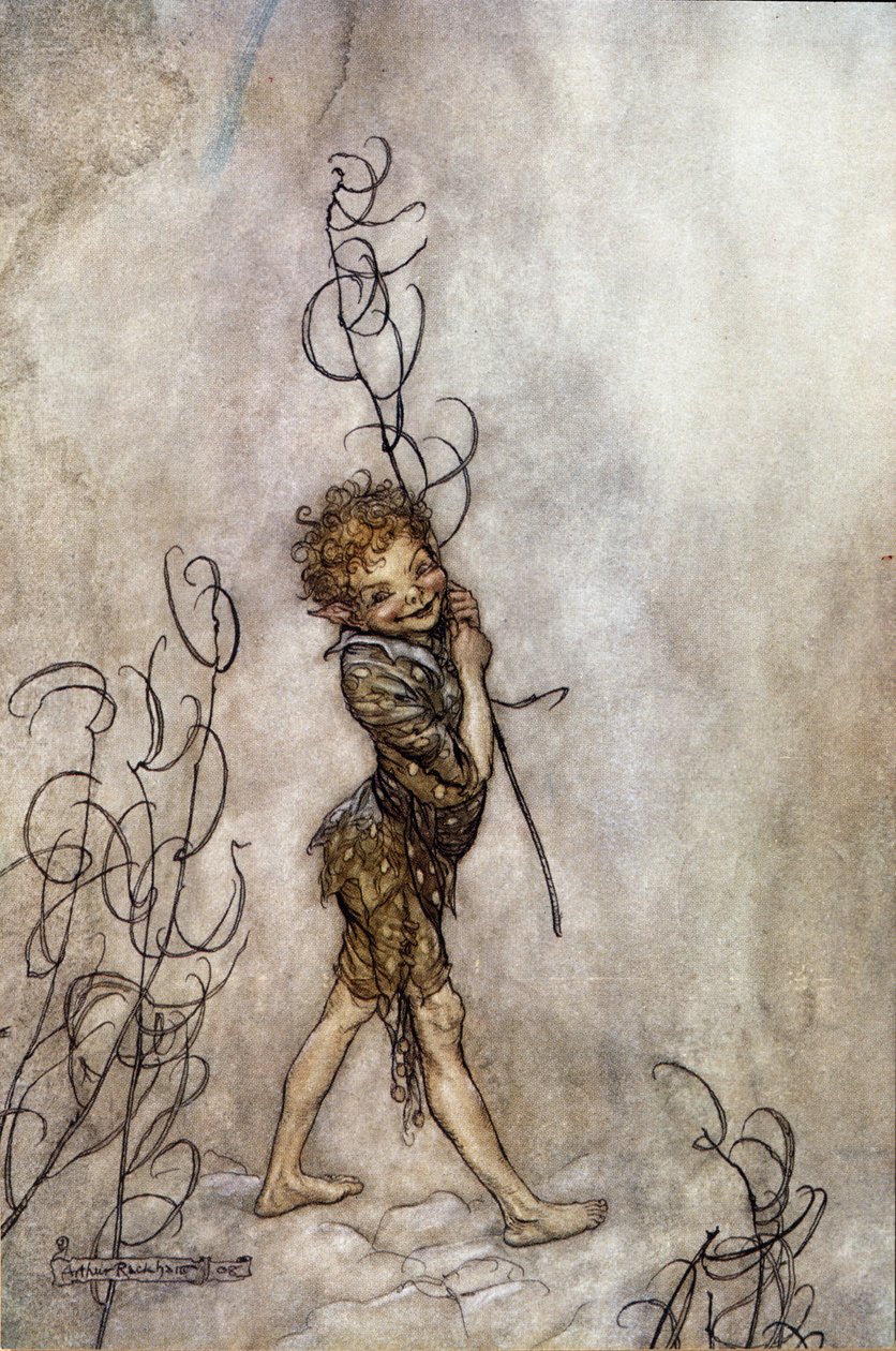 Puck personage uit het toneelstuk. Illustratie voor De Droom van een Zomernacht door William Shakespeare door Arthur Rackham