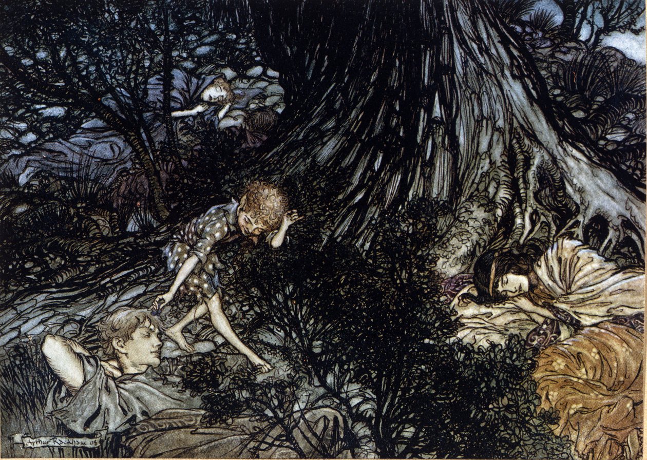 Puck legt een magisch filter op de oogleden van slapende personages. Illustratie door Arthur RACKHAM (1867-1939) voor De Droom van een Zomernacht door William SHAKESPEARE door Arthur Rackham