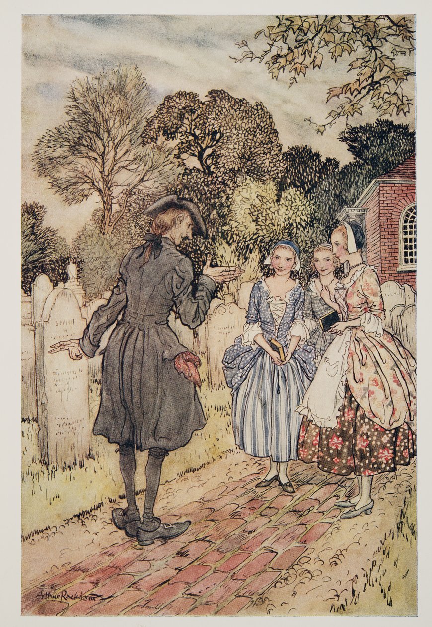 Voor hun vermaak alle grafschriften op de grafstenen voordragen, uit De Legende van Sleepy Hollow door Washington Irving (1783 - 1859), pub. 1928 door Arthur Rackham
