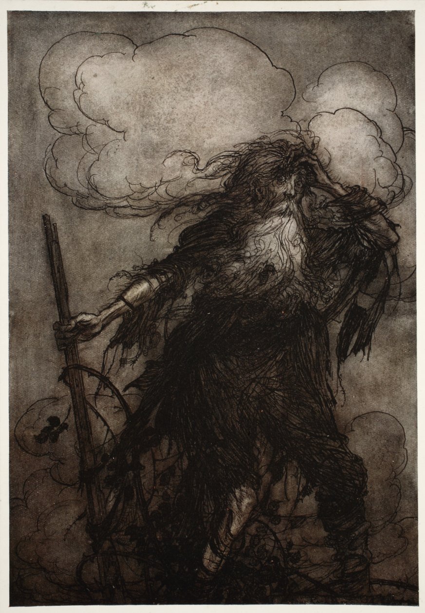 Rip wordt wakker. Zeker, dacht hij, ik heb hier niet de hele nacht geslapen? Oh! Die kruik! Die gemene kruik! Wat voor excuus zal ik maken voor Dame Van Winkle? uit Rip Van Winkle door Washington Irving, pub. 1910 door Arthur Rackham