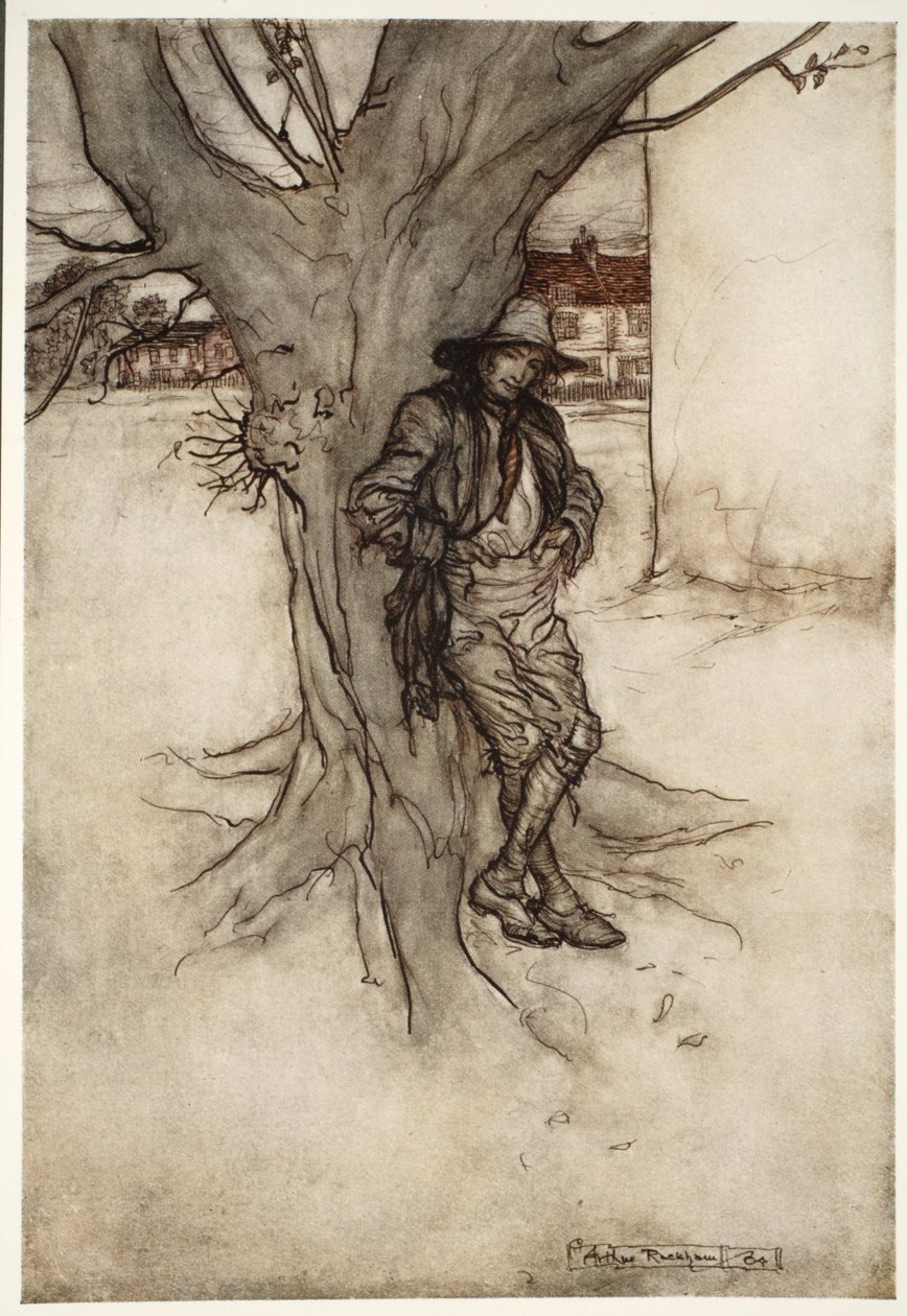 Rips zoon, een nauwkeurig evenbeeld van zichzelf, zoals hij de berg op ging., uit Rip Van Winkle door Washington Irving, pub. 1910 door Arthur Rackham