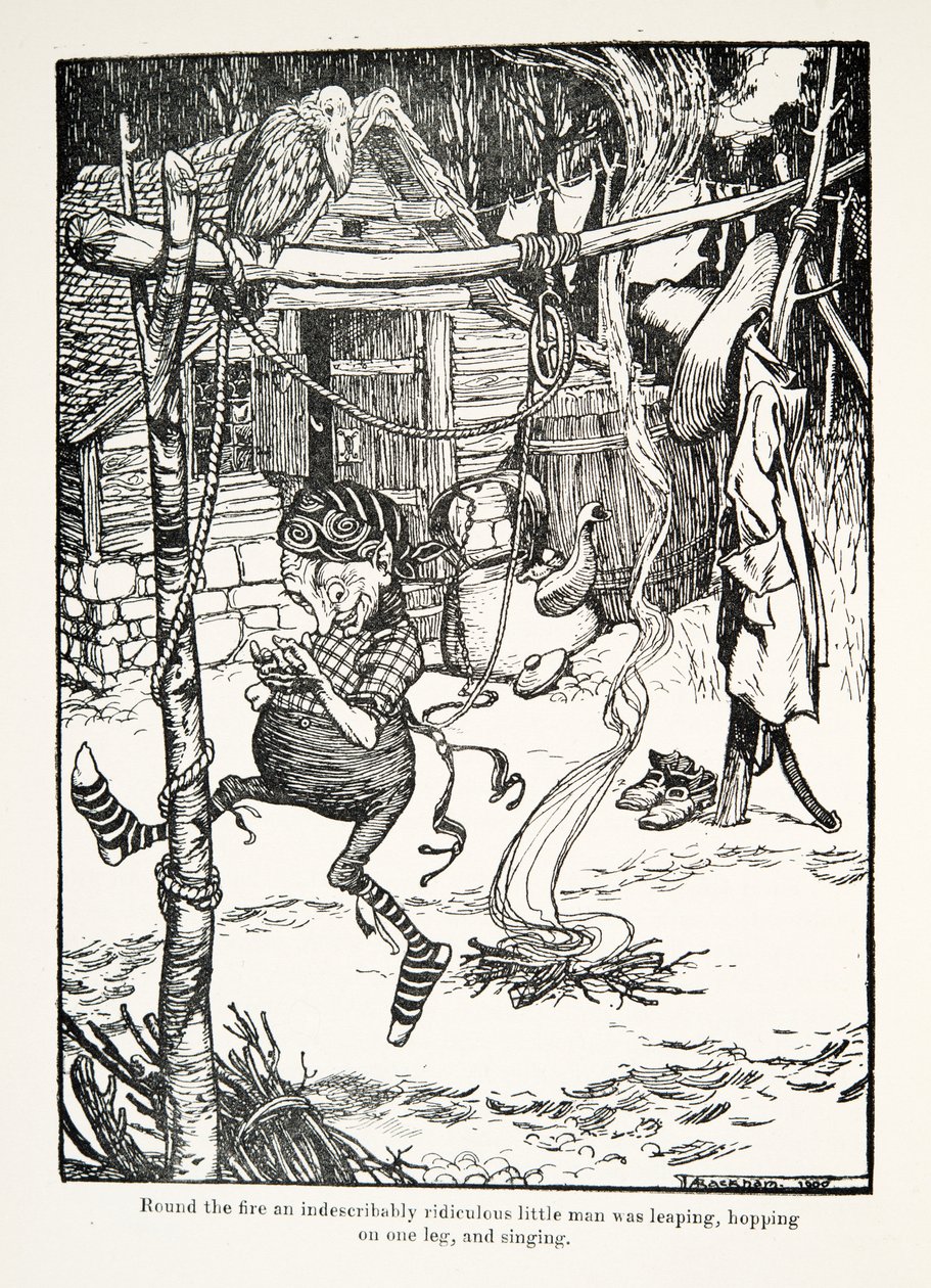 Rond het vuur sprong een onbeschrijfelijk belachelijk mannetje op één been en zong, uit De Sprookjes van de Gebroeders Grimm, uitgegeven 1909 door Arthur Rackham