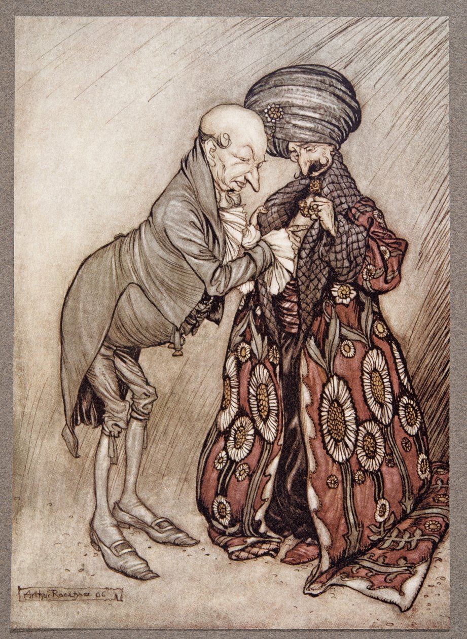 Schudde zijn kale hoofd en mompelde, Koud, heel koud, uit Peter Pan in Kensington Gardens door J M Barrie (1860 - 1937), pub. 1906 door Arthur Rackham