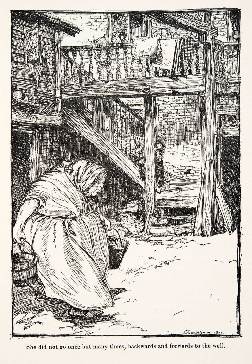 Ze ging niet één keer maar vele keren, heen en weer naar de put, uit De Sprookjes van de Gebroeders Grimm, pub. 1909 door Arthur Rackham