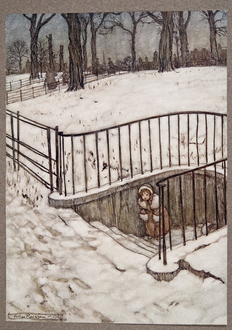 Ze rende naar de St Govers put en verstopte zich, uit Peter Pan in Kensington Gardens door J M Barrie (1860 - 1937), pub. 1906 door Arthur Rackham