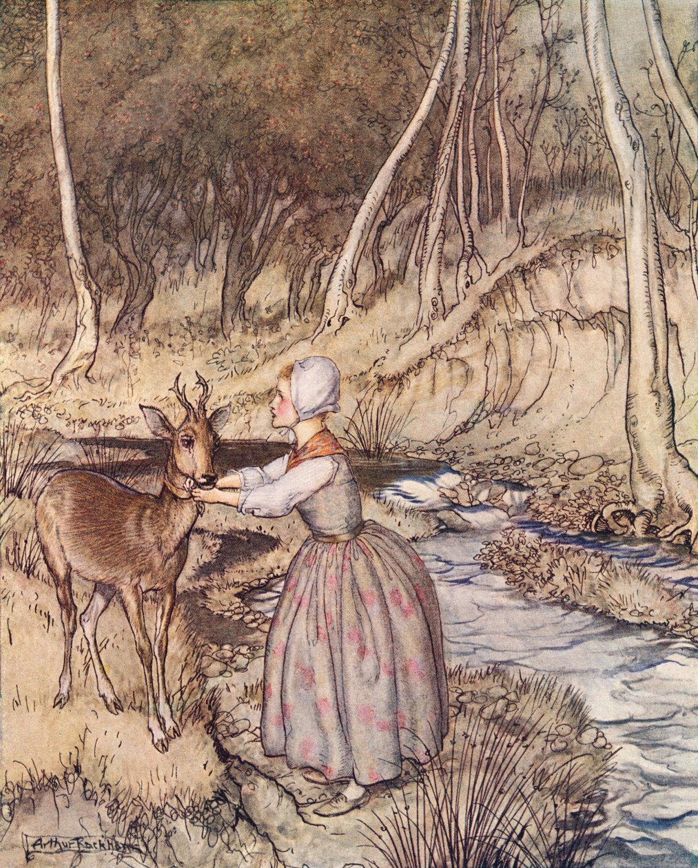 Ze deed haar gouden kousenband af en deed het om de nek van de Ree. Illustratie door Arthur Rackham uit Grimm