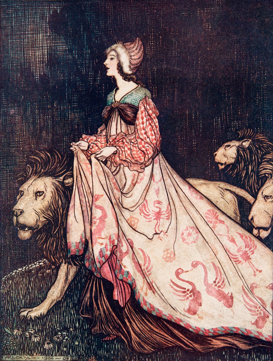 Ze ging weg vergezeld door de leeuwen, uit De Sprookjes van de Gebroeders Grimm, uitgegeven 1909 door Arthur Rackham