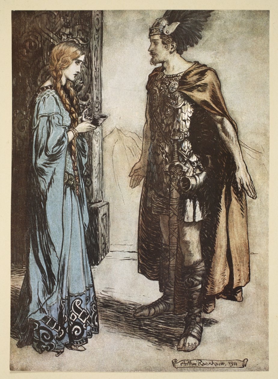 Siegfried geeft de drinkhoorn terug aan Gutrune en kijkt haar plotseling gepassioneerd aan, illustratie uit 