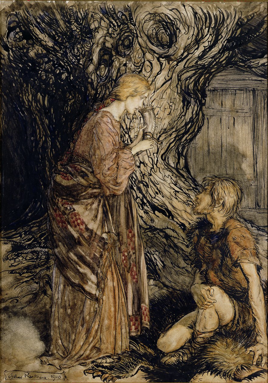 Siegmund en Sieglinde, Illustratie uit Rijnland en de Walkuren door Richard Wagner, Heinemann, 1910 door Arthur Rackham