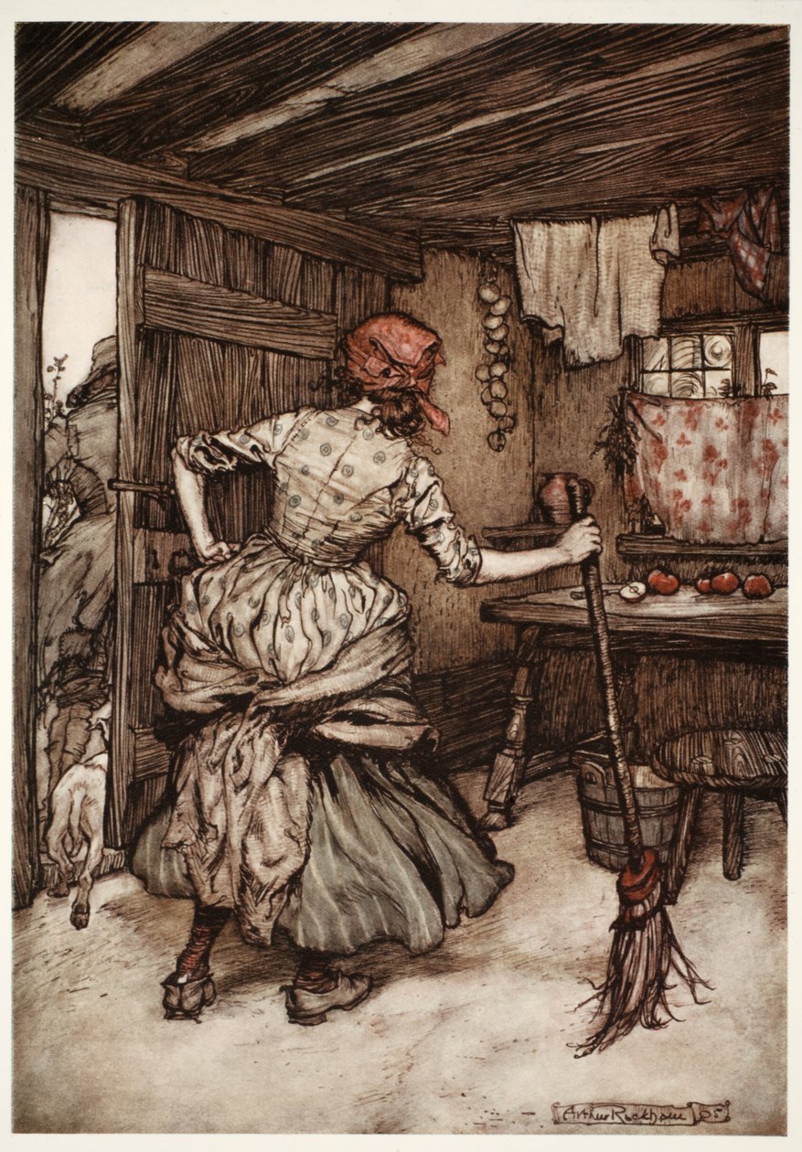 Zodat hij gedwongen was zijn troepen terug te trekken en naar de buitenkant van het huis te gaan - de enige kant die, in waarheid, toebehoort aan de onder de duim gehouden echtgenoot., uit Rip Van Winkle door Washington Irving, pub. 1910 door Arthur Rackham