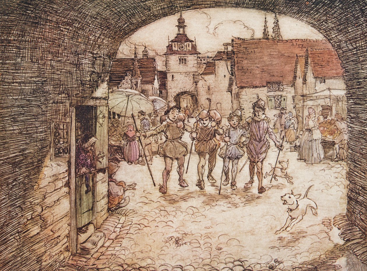 Dus de vier broers namen hun stokken in hun handen, namen afscheid van hun vader en verlieten de stadspoort, uit De Sprookjes van de Gebroeders Grimm, uitgegeven 1909 door Arthur Rackham