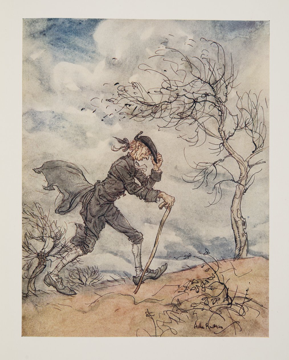 Langs het profiel van een heuvel op een winderige dag, uit De Legende van Sleepy Hollow door Washington Irving (1783 - 1859), pub. 1928 door Arthur Rackham
