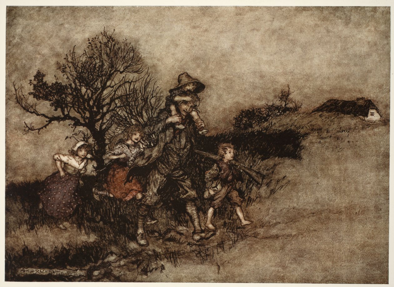 Omringd door een troep kinderen., uit Rip Van Winkle door Washington Irving, pub. 1910 door Arthur Rackham