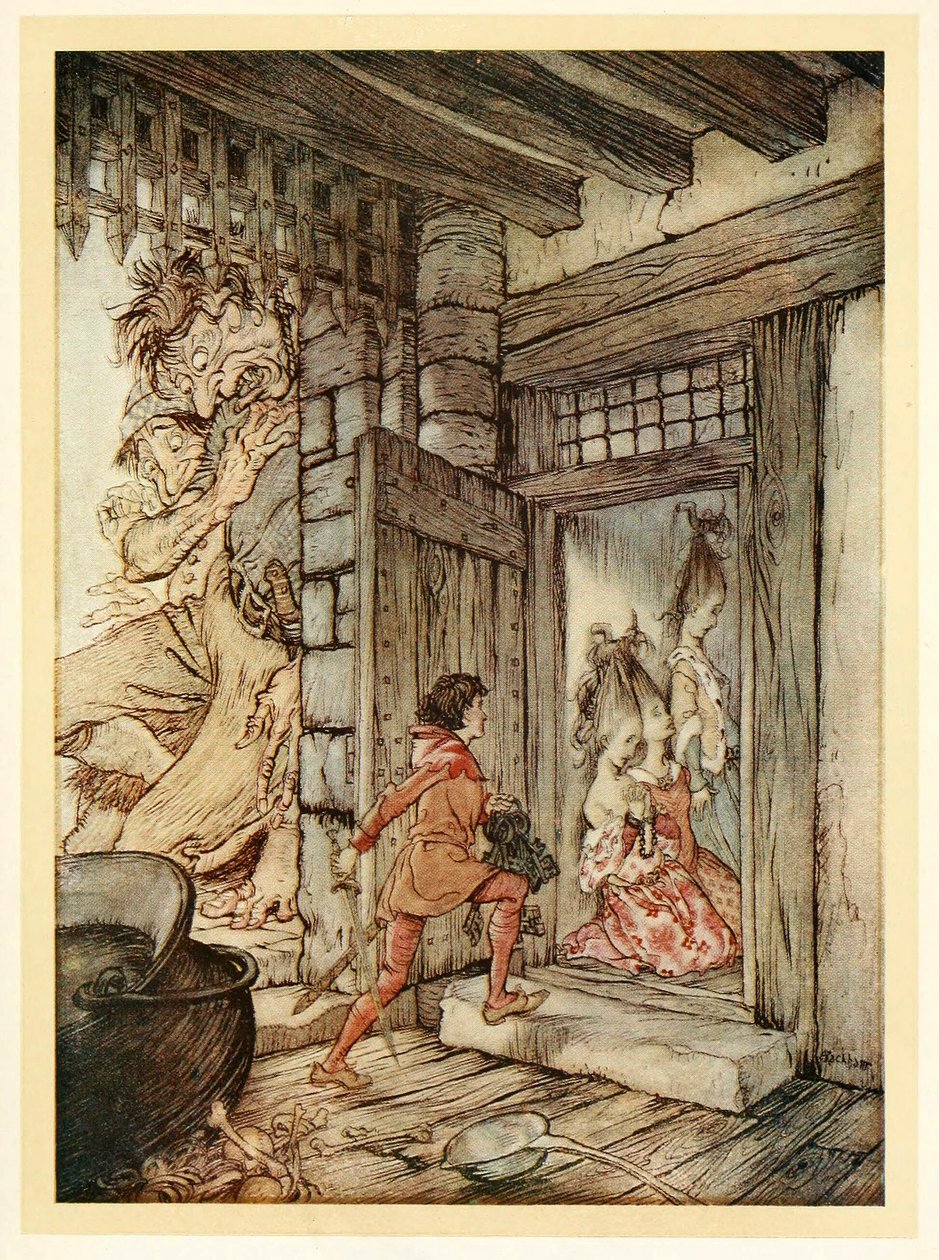 Het nemen van de sleutels van het kasteel, Jack ontgrendelde alle deuren, uit Engelse sprookjes door Arthur Rackham