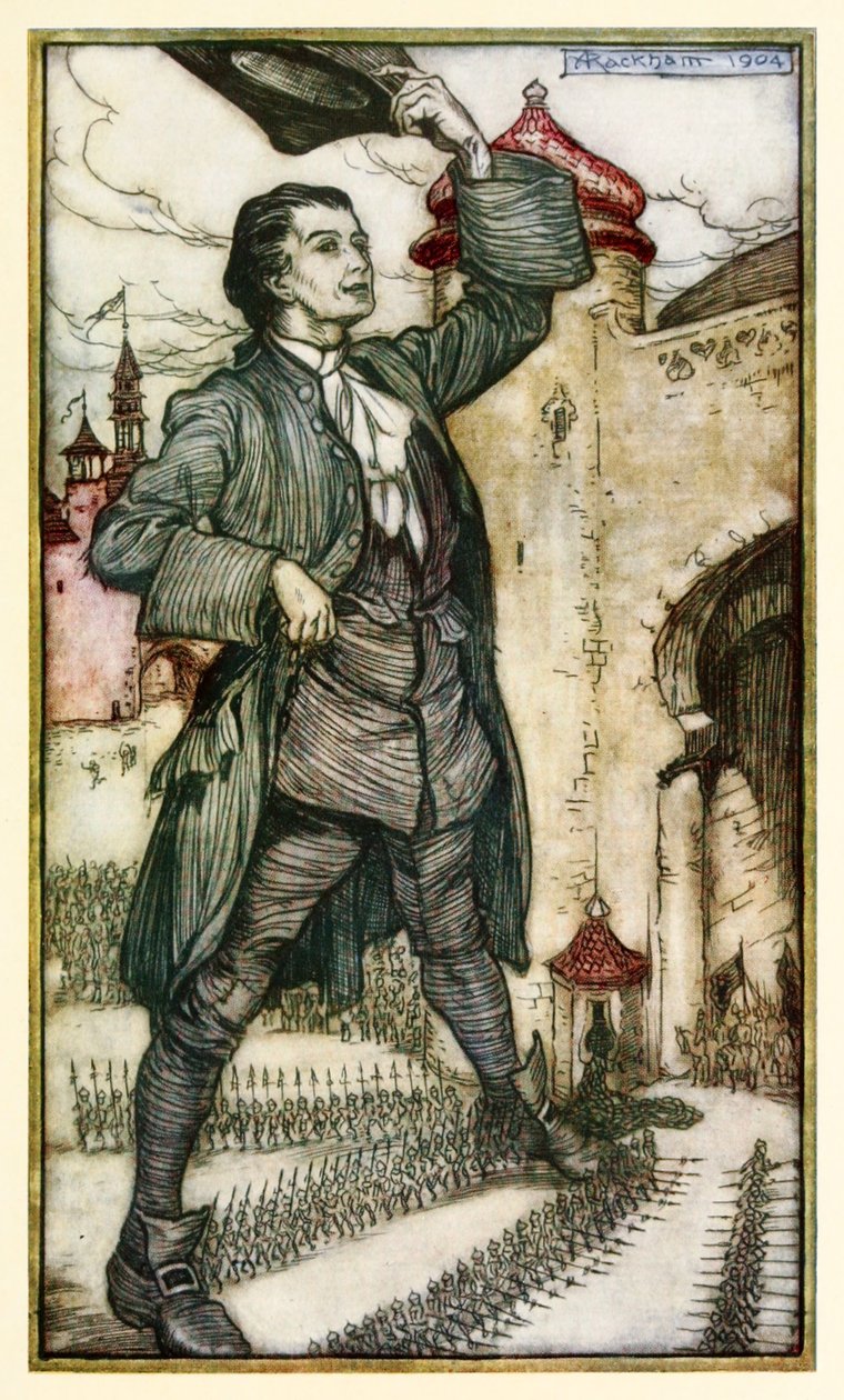 De keizer van Lilliput inspecteert zijn troepen, uit Deel I: Een reis naar Lilliput in Gullivers Reizen door Jonathan Swift door Arthur Rackham