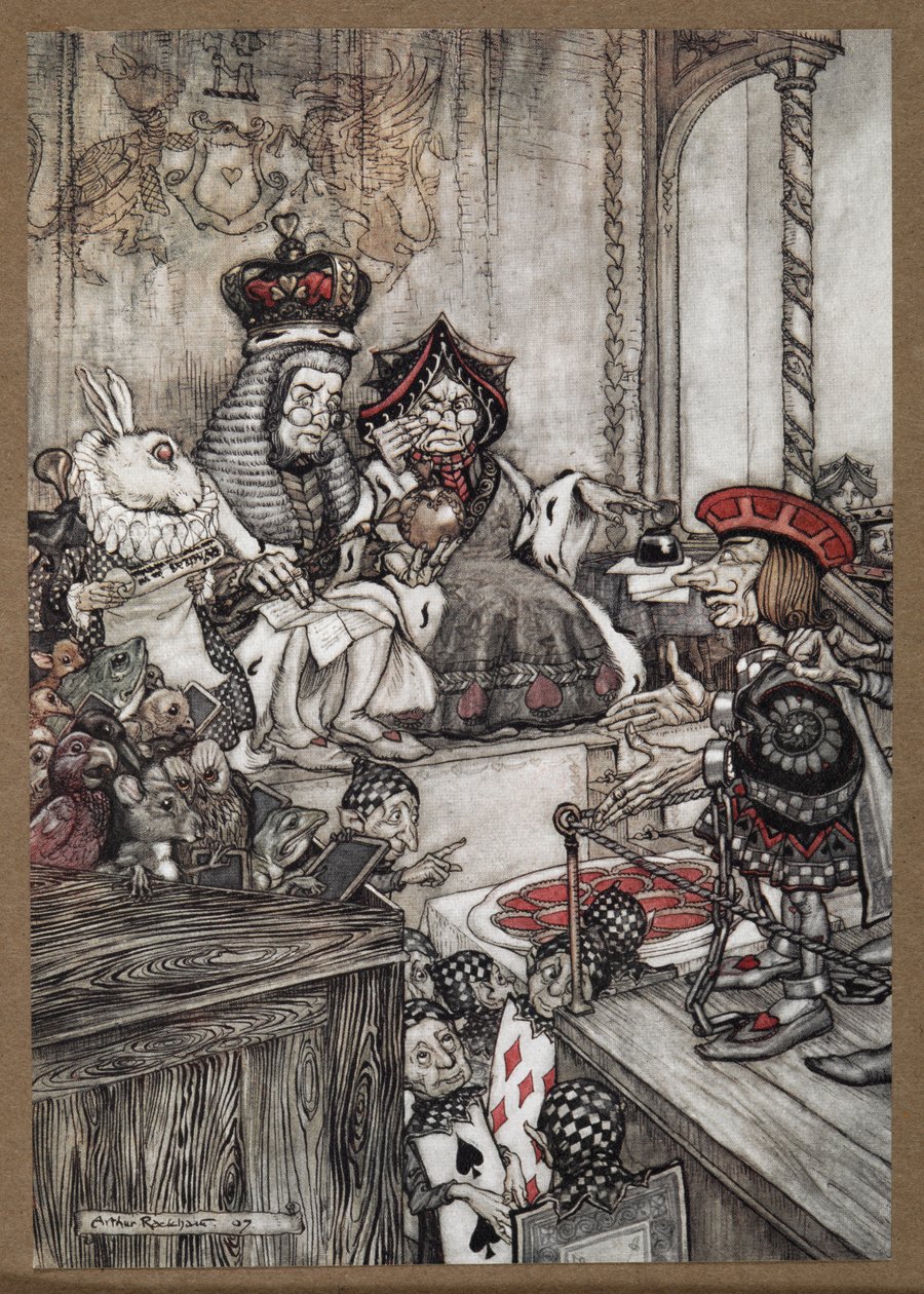 De Hartenboer in de beklaagdenbank voor de Koningin en Koning van Harten beschuldigd van het stelen van de taartjes door Arthur Rackham
