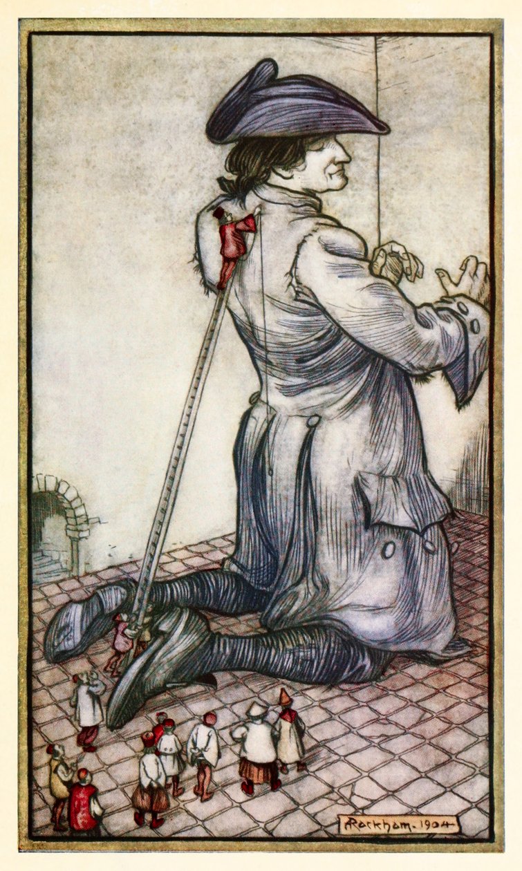 De Lilliputische kleermakers meten Gulliver voor een nieuw pak, uit Deel I: Een reis naar Lilliput in Gullivers Reizen door Jonathan Swift door Arthur Rackham
