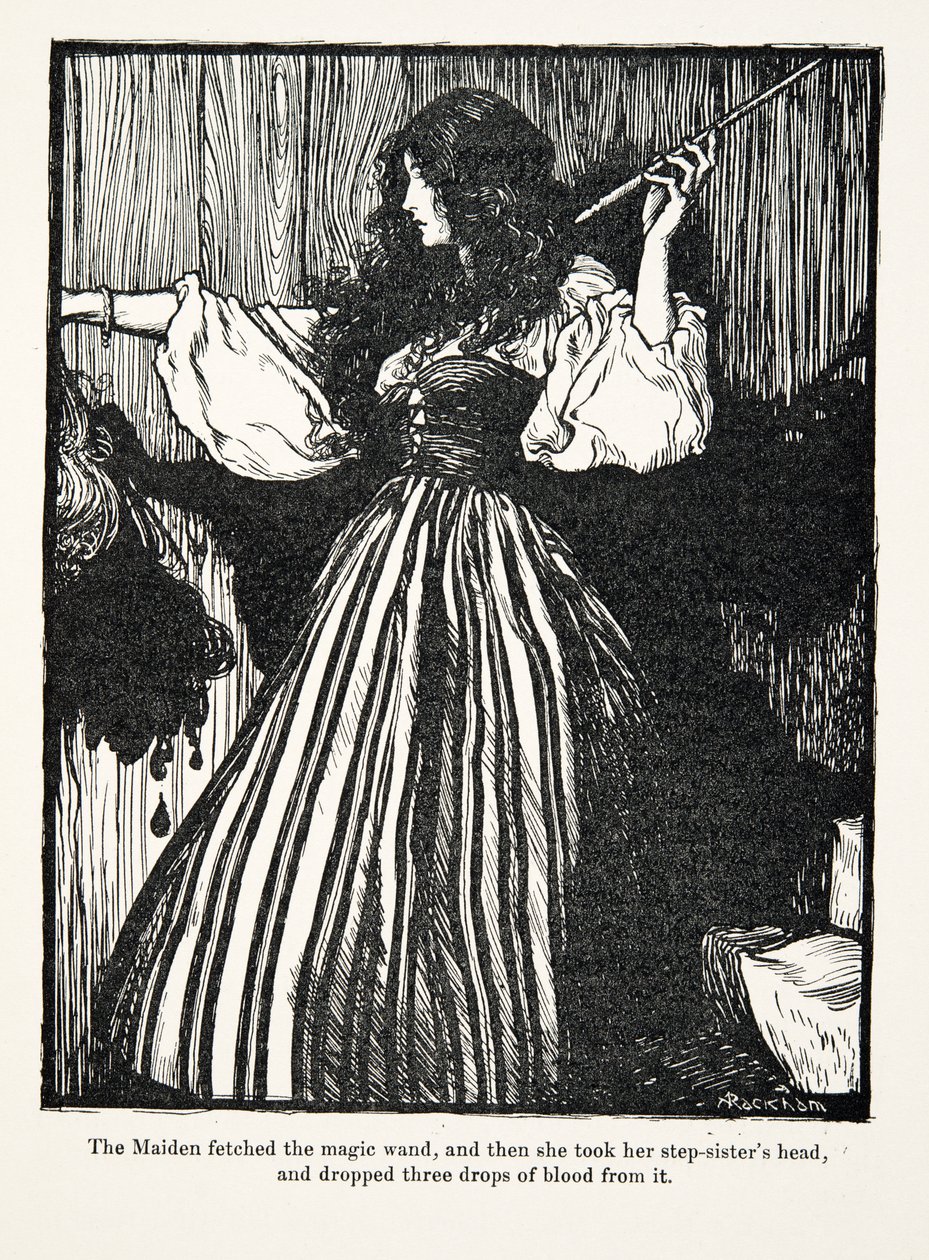 Het meisje haalde de toverstok, en toen nam ze het hoofd van haar stiefzus en liet er drie druppels bloed uit vallen, uit De Sprookjes van de Gebroeders Grimm, uitgegeven 1909 door Arthur Rackham