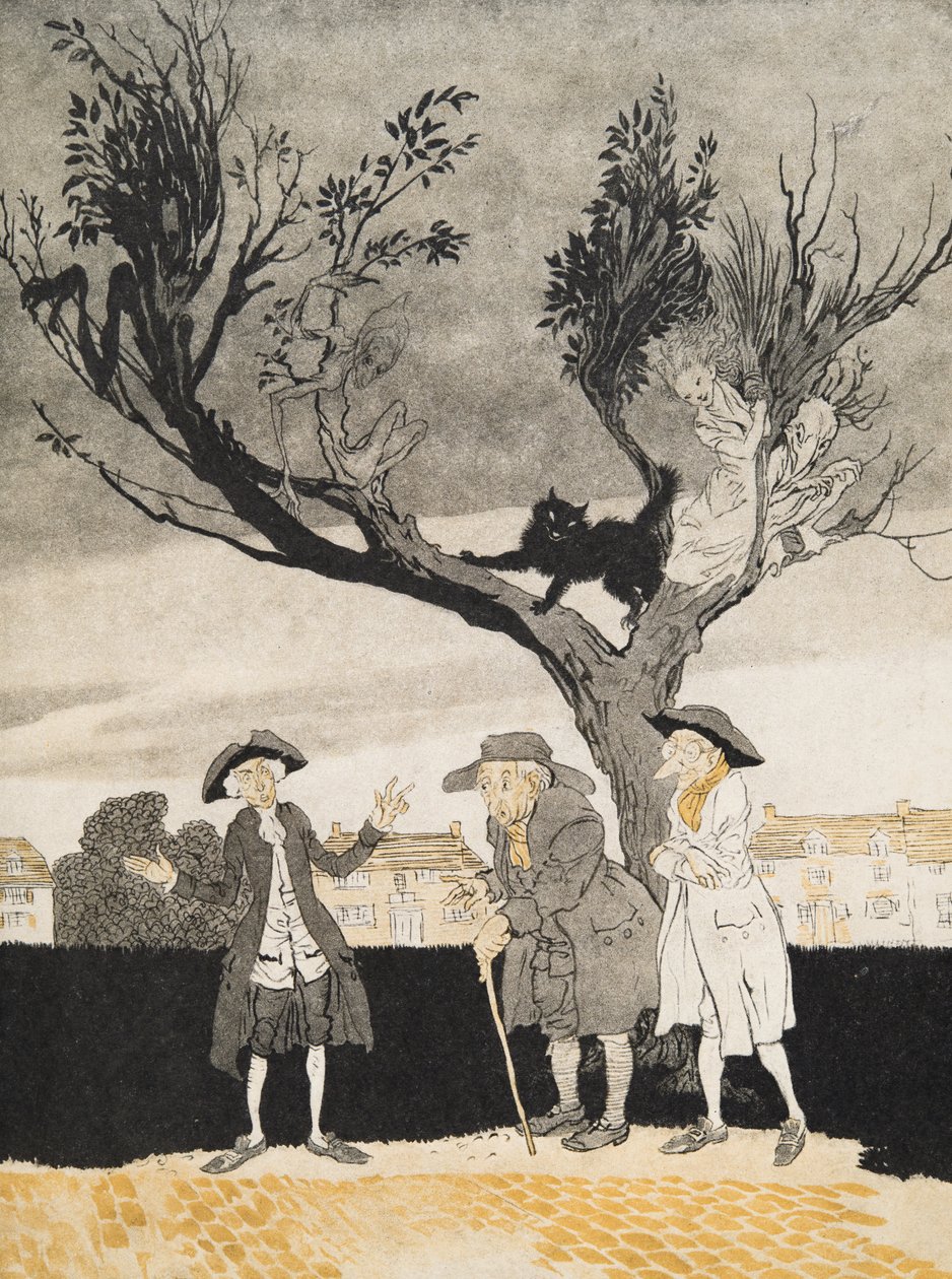 De mannen van Sleepy Hollow (binnenomslag), uit De Legende van Sleepy Hollow door Washington Irving (1783 - 1859), pub. 1928 door Arthur Rackham