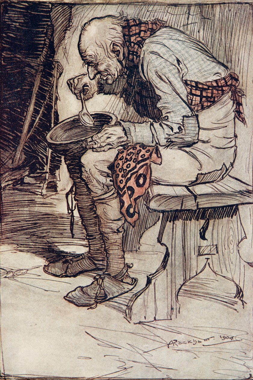 De oude man moest alleen zitten en at zijn eten uit een houten kom, uit De Sprookjes van de Gebroeders Grimm, uitgegeven 1909 door Arthur Rackham
