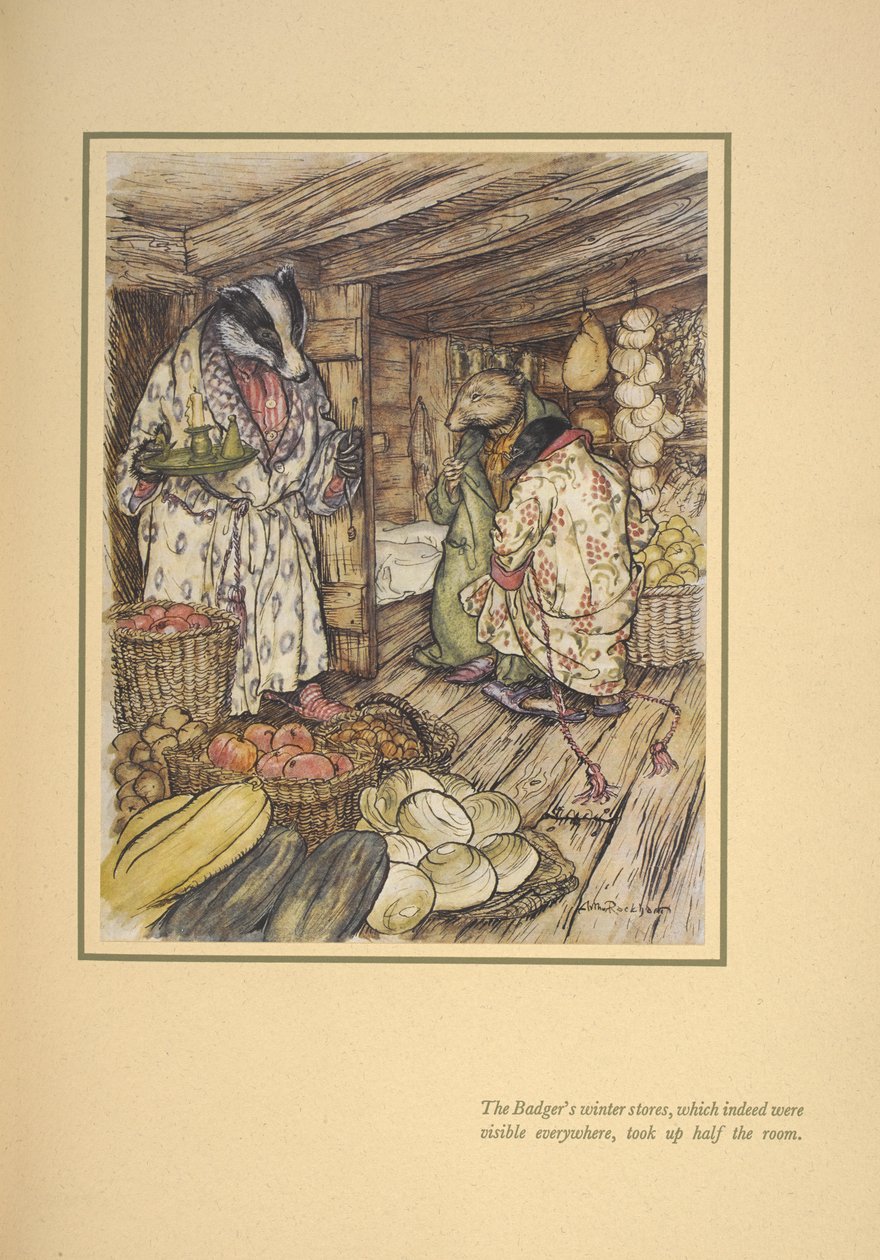 De wintervoorraden van de das, die inderdaad overal zichtbaar waren, namen de helft van de kamer in beslag. door Arthur Rackham