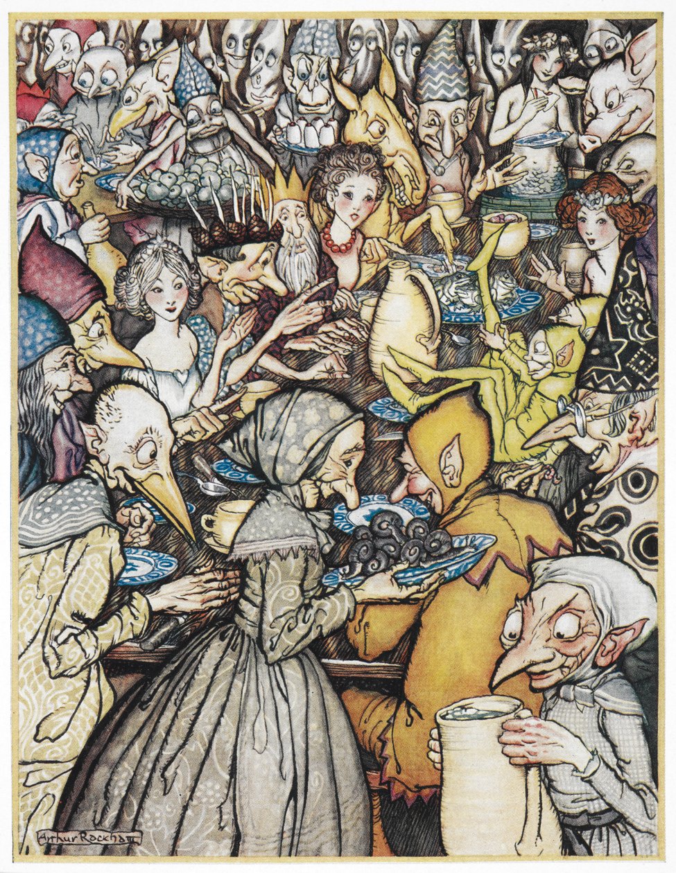 Het banket waar het echt grote gezelschap was verzameld. De Elfenkoning, met een gouden kroon, zijn dochters, en goblins en trollen bijeen voor een maaltijd. Illustratie voor 
