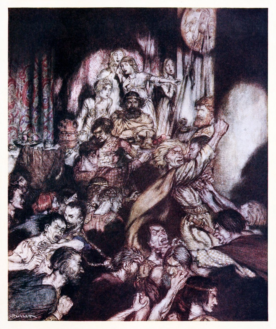 De feestzaal was in tumult, uit The Little Brawl in Irish Fairy Tales door Arthur Rackham