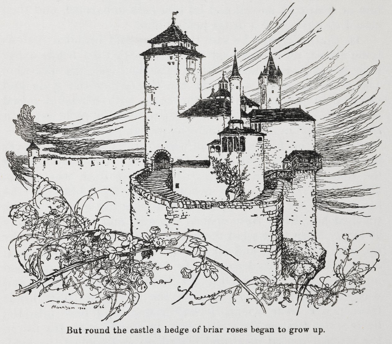 Het kasteel omringd door doorns uit Doornroosje door Arthur Rackham