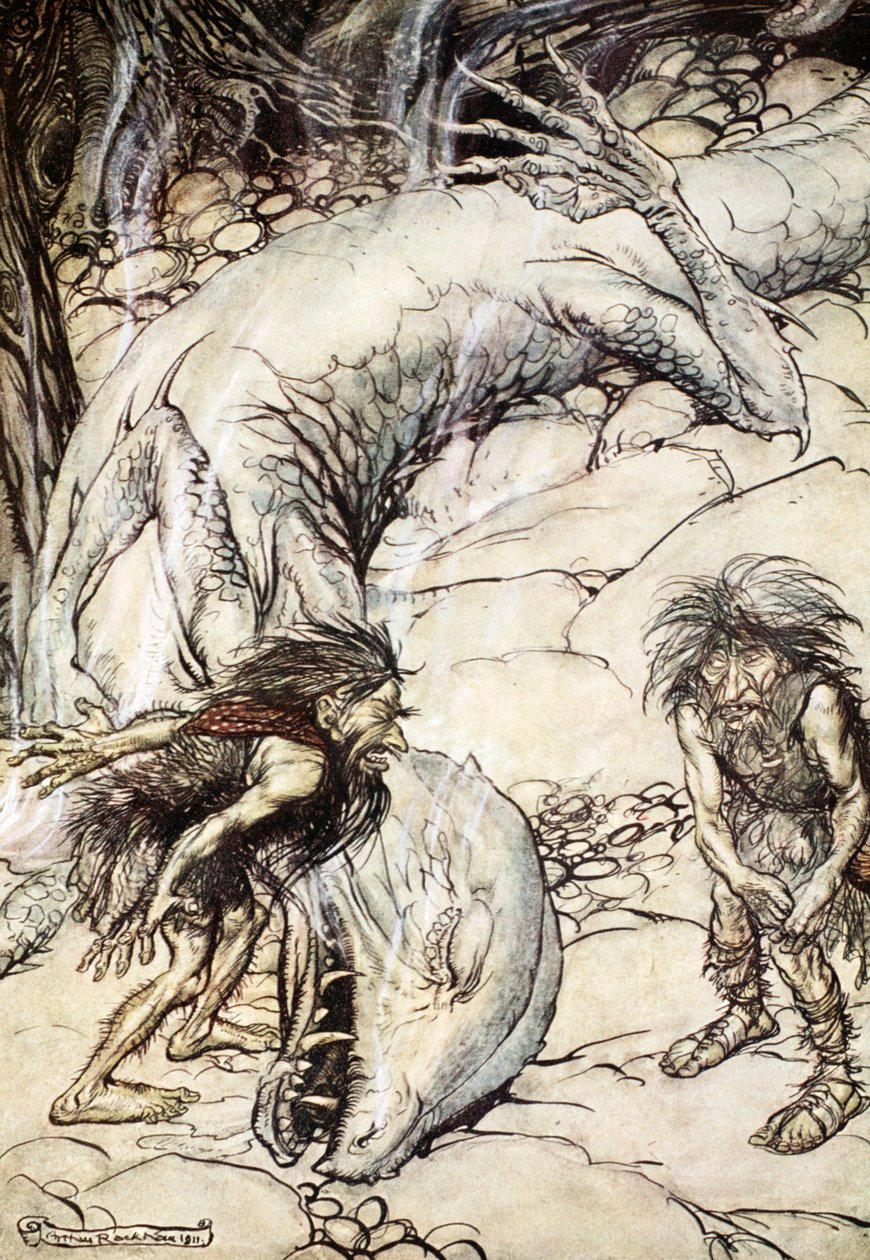 De dwergen ruziën over het lichaam van Fafner door Arthur Rackham