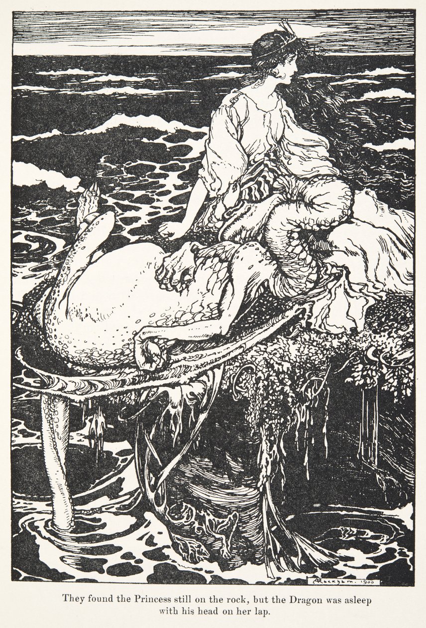 Ze vonden de prinses nog steeds op de rots, maar de draak sliep met zijn hoofd op haar schoot, uit De Sprookjes van de Gebroeders Grimm, uitgegeven 1909 door Arthur Rackham