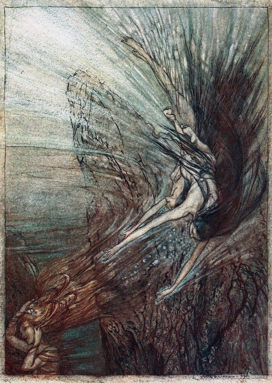 Het plezier van de Rijndochters. Illustratie voor Het Rijngoud en De Walkure door Richard Wagner door Arthur Rackham
