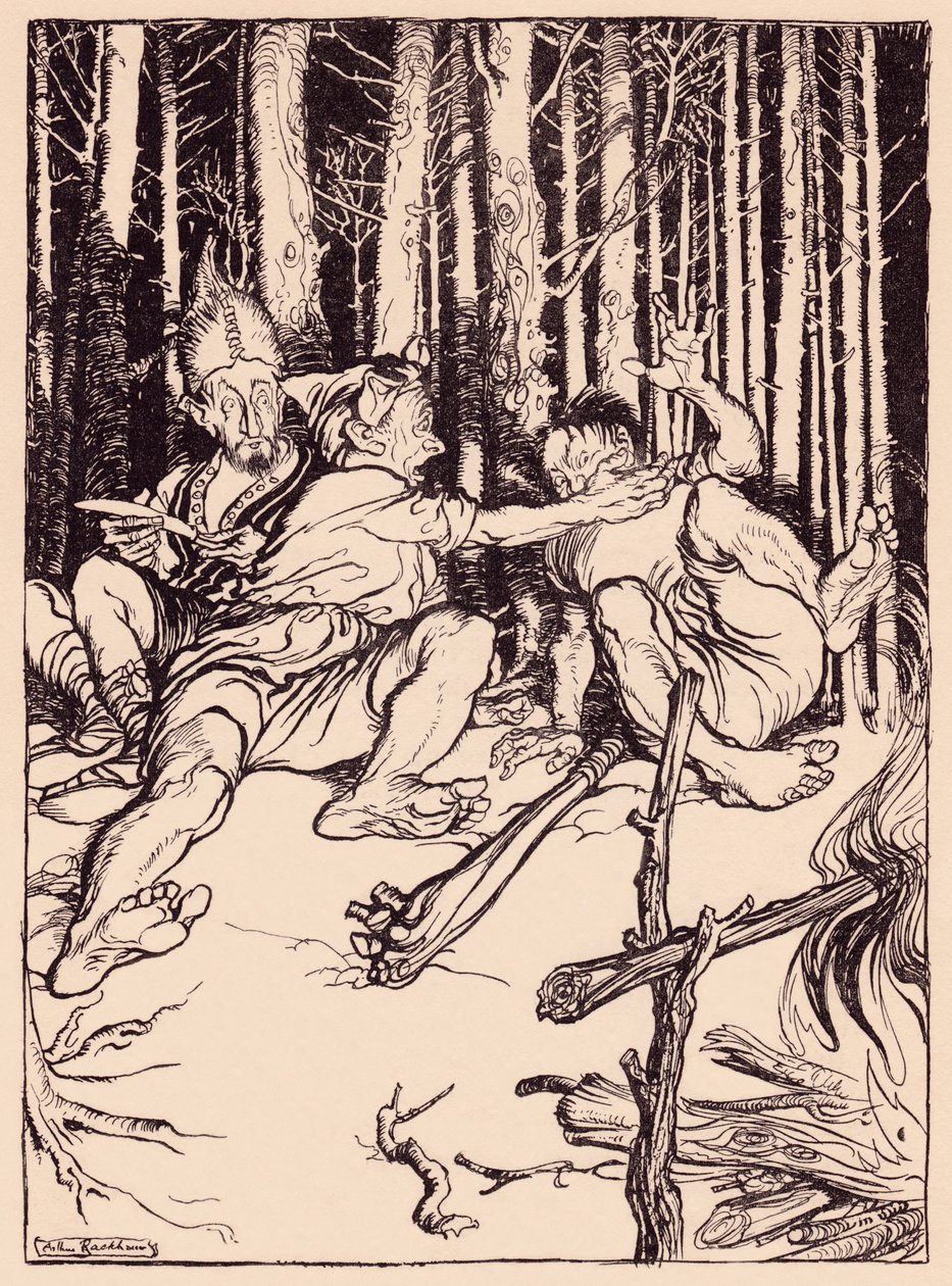 De reus gaf degene die naast hem zat een klap op het oor. Illustratie door Arthur Rackham uit Grimm