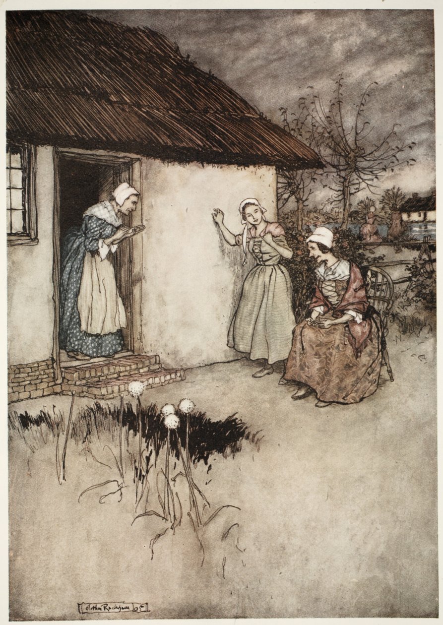 De goede vrouwen van het dorp gaven altijd, tijdens hun avondroddels, Dame Van Winkle de schuld., uit Rip Van Winkle door Washington Irving, uitgegeven 1910 door Arthur Rackham