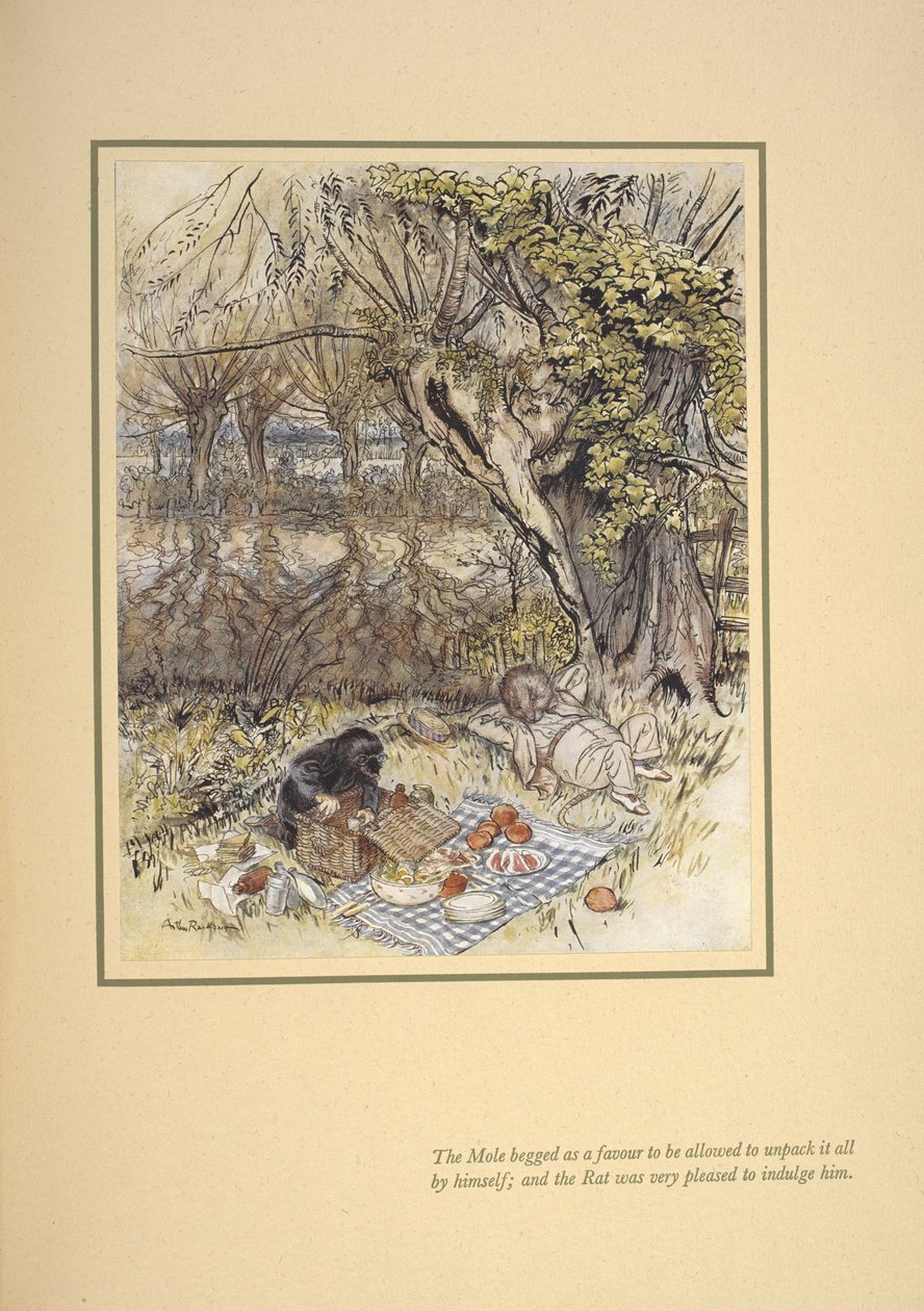 De mol smeekte als een gunst om alles zelf uit te pakken; en de rat was zeer verheugd om hem te verwennen. door Arthur Rackham