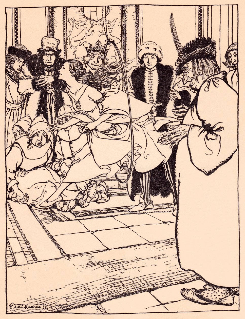 Het mooie meisje sprong door de hoepel zo licht als een hert. Illustratie door Arthur Rackham uit Grimm
