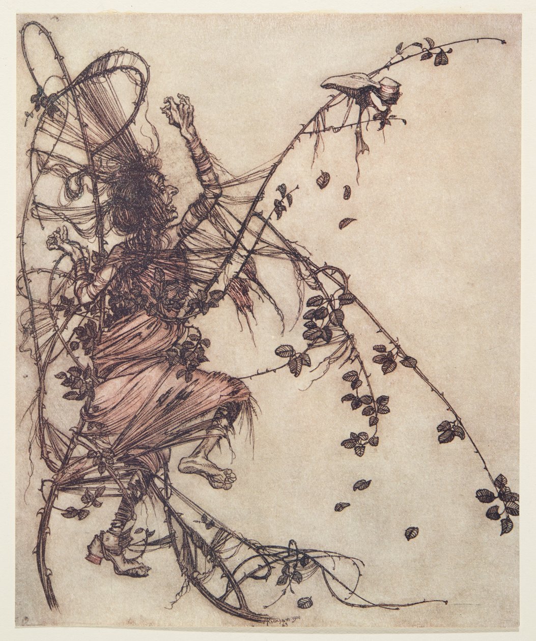 Hoe sneller hij speelde, hoe hoger ze moest springen, uit De Sprookjes van de Gebroeders Grimm, uitgegeven 1909 door Arthur Rackham