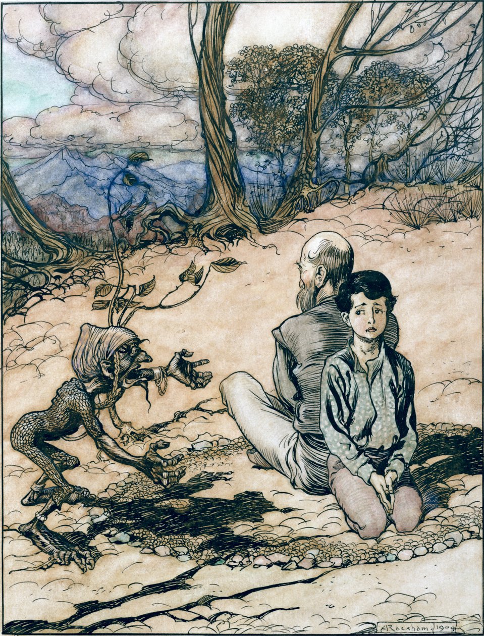 De zoon maakte een cirkel, en zijn vader en hij namen plaatsen binnenin, en het kleine zwarte mannetje verscheen, illustratie uit De Koning van de Gouden Berg in De Sprookjes van de Gebroeders Grimm door Arthur Rackham